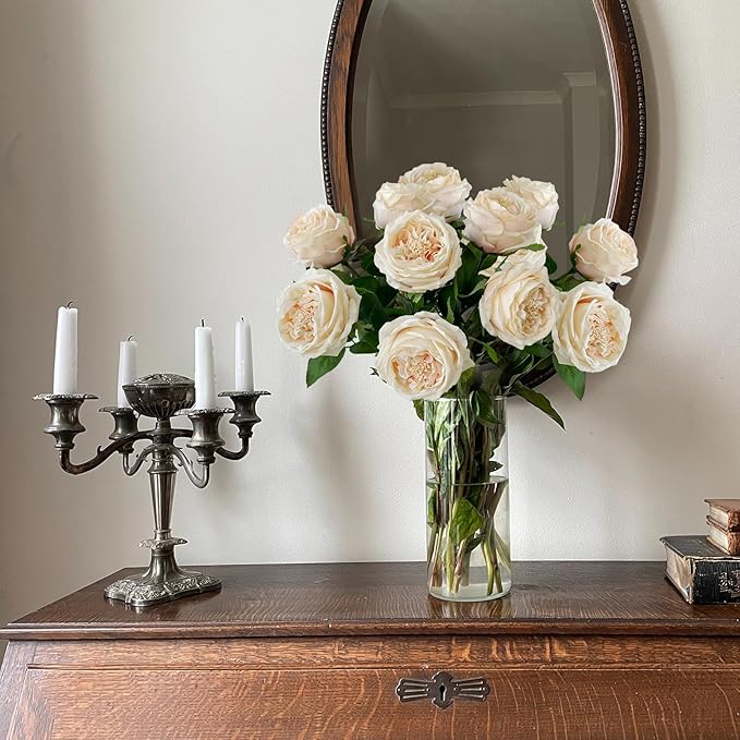 YalzoneMet 3.5'' Big Bloom Champagne Rose Artificial Flowers 4Pcs Real Touch Rose Faux 17.7Inch Long Stem Austen Roses Peonies Fake Flowers for Boho Home Kitchen Party Spring Flower Wedding Decor