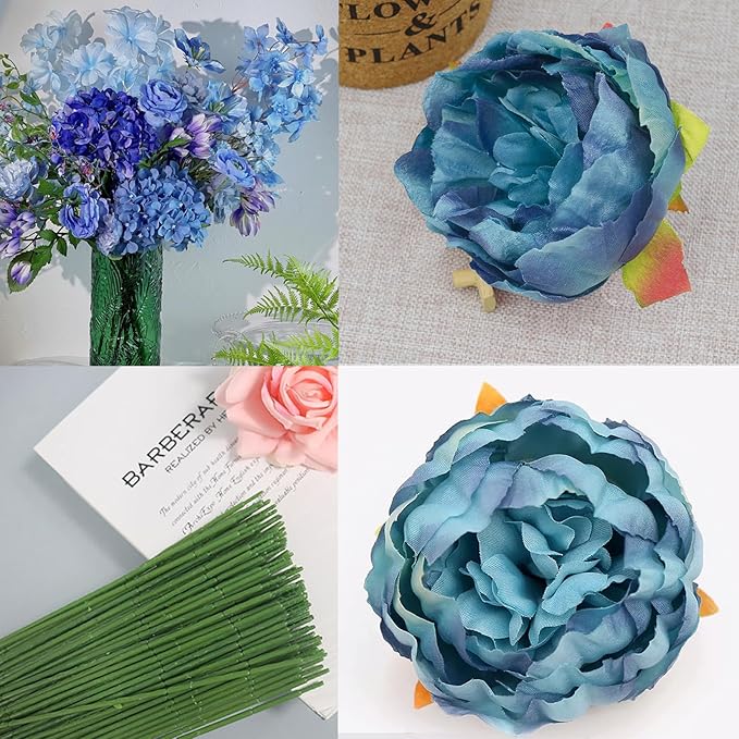 FagusHome 25 Pcs Silk Peony Artificial Flower Heads 4 inch Fake Peony Flowers Heads with Stems Artificial Peony Flower Heads in Bulk Wholesale for Wedding Home Decor (Dark Blue)