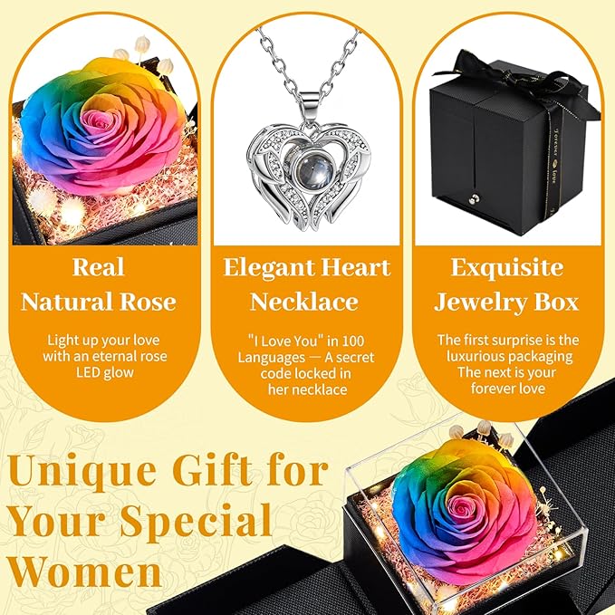 FIACO Gifts for Women Preserved Real Roses with I Love You Necklace Fresh Forever Flowers Birthday Gifts for Mom Grandma Wife Girlfriend on Anniversary Christmas Valentines Romantic Gift