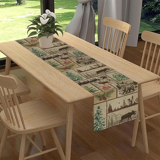 Rustic Cabin Table Runner, Farmhouse Deer Bear Retro Pine Forest Wooden Plank Wild Animal Seasonal Coffee Table Center Decor for Home Kitchen Dining Holiday Party Table Decorations 13x108 inches