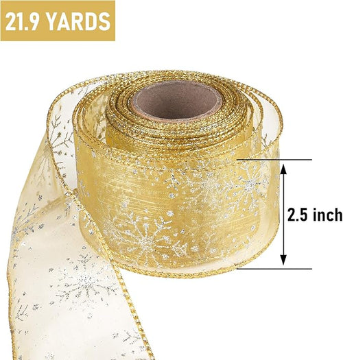 2.5 Inch Wide Christmas Wired Ribbon Snowflake Organza Sheer Glitter Ribbon for Xmas Tree, Wreath, Party Decoration, Gift Wrapping (Golden, 21.9 Yards)