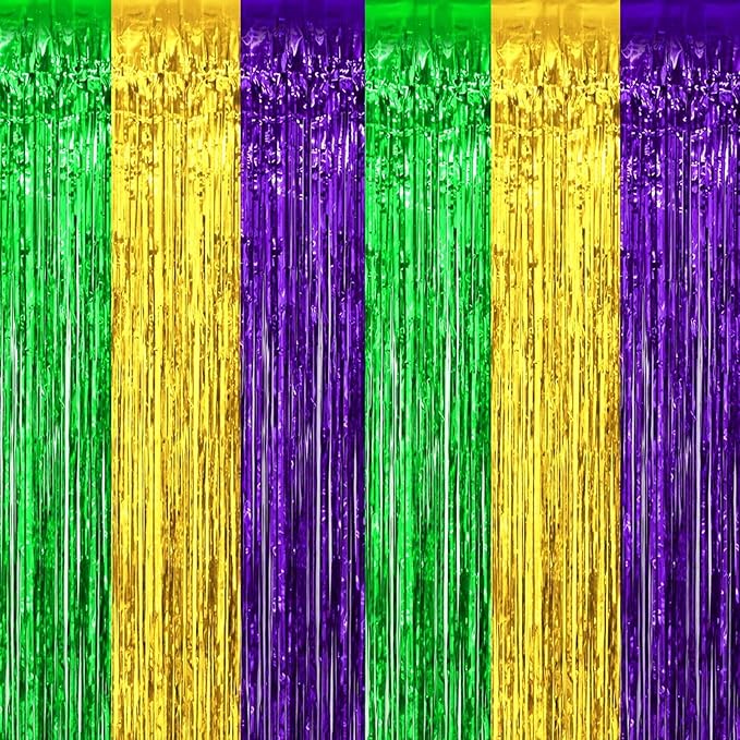 4 Pack Mardi Gras Foil Fringe Curtain Backdrop, 3.28Ft x 8.2Ft Gold Green Purple Metallic Tinsel Foil Fringe Streamers Curtains for Photo Booth, Wedding, Birthday Party Decoration