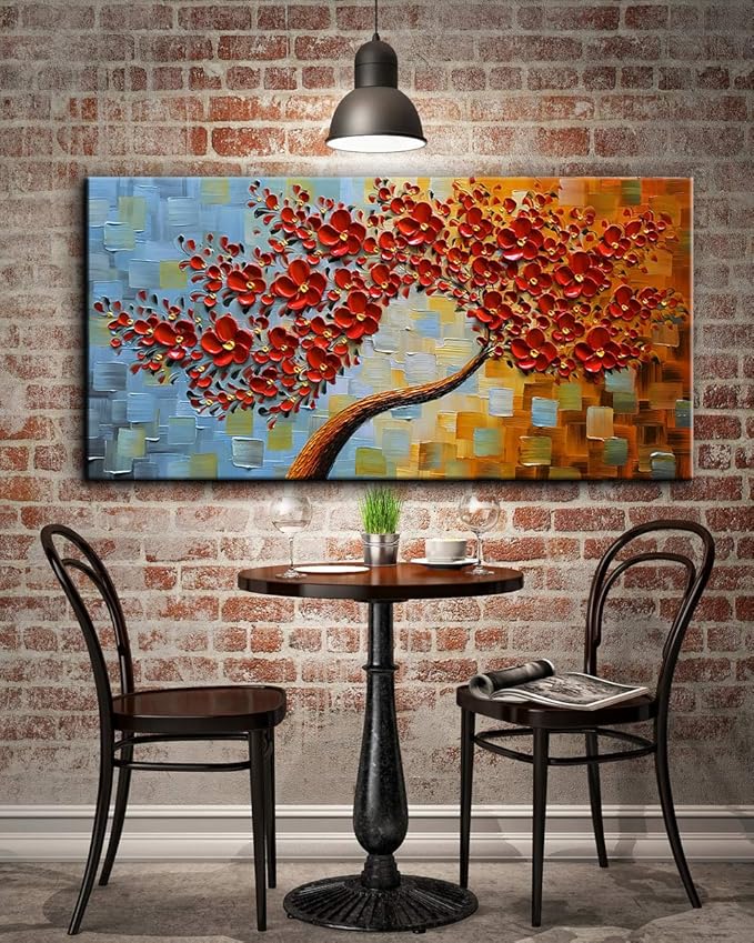 YaSheng Art - large size Red Flower Canvas Wall Art handpainted Contemporary Art Oil Painting On Canvas Texture Abstract 3D Tree Paintings Modern Home Decor Wall Art for living room Ready to hang 24x60inch