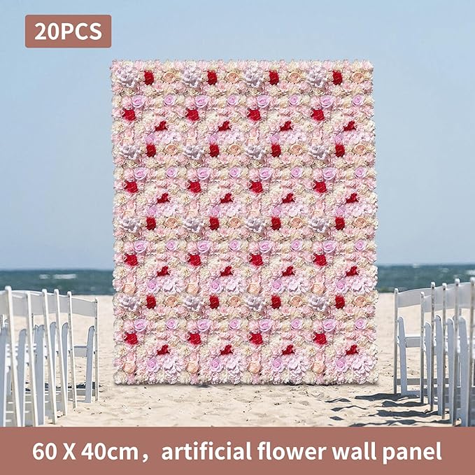 20 Pack Flowers Wall Panels Artificial Floral Wall Mat Handmade 3D Silk Rose Hydrangea Dahlia Floral Panels for Photo Background Home Party Wedding Backdrop Decoration, 24 x 16 inch (E)