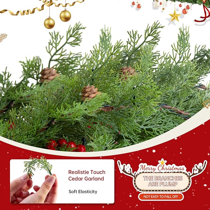6FT Christmas Garland Faux Cypress Pine Cedar Garland with 20 LED Lights, Holiday Garland for Home, Wedding, Party Decorations