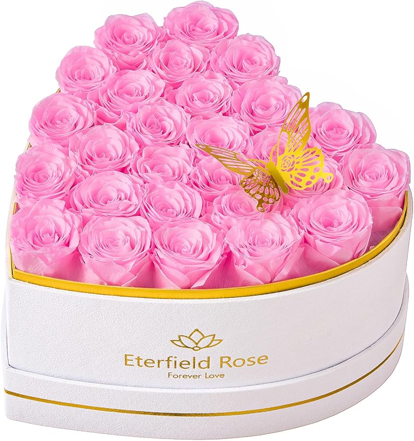 Eterfield 27 Forever Flowers in Heart Shape Box, Preserved Roses That Last a Year Preserved Flowers Birthday Gifts for Her Mom Women Wife Anniversary Valentines Day Mothers Day Christmas, Light Pink