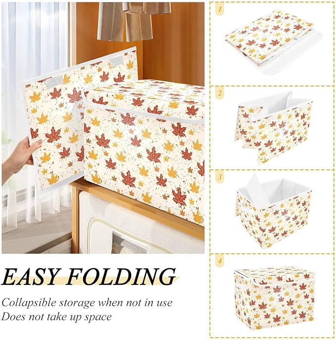 Thanksgiving Baskets Collapsible Storage Bins with Lids, Autumn Leaves Thanksgiving Storage Boxes Clothes Baskets for Organizing