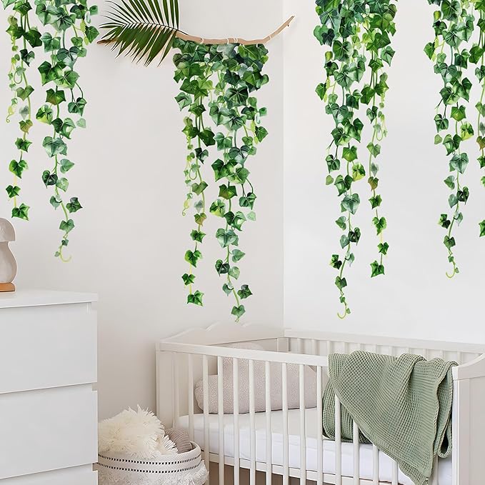 Green Plants Leaves Wall Decals Hanging Vine Wall Stickers Fresh Green Leaf Wall Art Removable Nature Botanical Vine Branches Leaves Murals for Kids Bedroom TV Background Home Decor 91