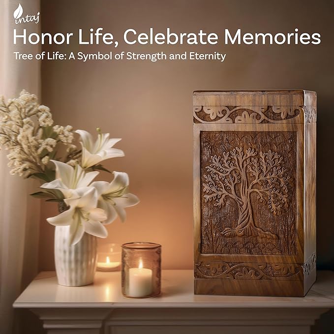 INTAJ Wooden Tree of Life Cremation Urns for Human Ashes – Memorial Urn Box and Casket for Adult Male, Female, Child, or Pets (Cat/Dog) – Burial Funeral Urn Holds Up to 180 Cubic Inches of Ashes