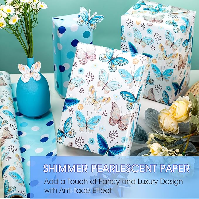 MAYPLUSS Butterfly Wrapping Paper, Vintage Watercolor Butterfly Fairy Gift Wrapping Paper for Women Girls Pearl Birthday Wrap in Blues Reversible Polka Dot for Baby Shower, Wedding (17Inch X 33Feet)