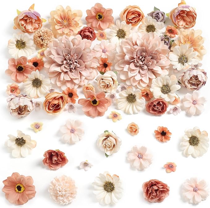 Fake Flower Heads Mini Artificial Flower Brown Faux Dahlia Rose Flowers for Crafts Cake Blossom Wreath Bouquets for Wedding Bridal Party Baby Shower Graduation Season Home Decor