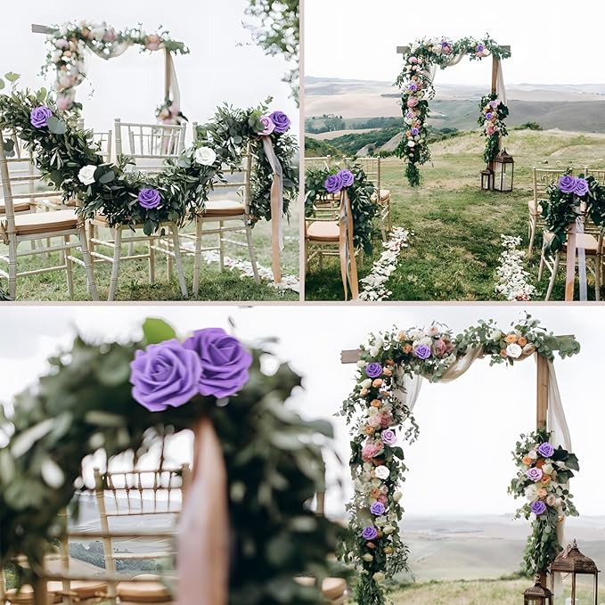 Artificial Flowers 50PCS Purple Roses Real Looking Foam Fake Roses with Leaves and for DIY Wedding Bouquets Bridal Shower Centerpieces Party Decorations (Purple Series, 50)