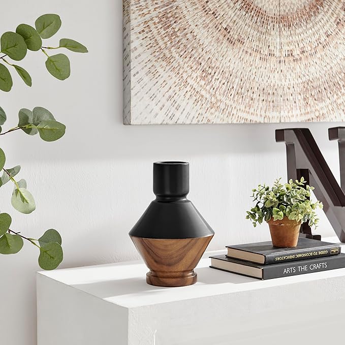 Milo Diamant Revese Hourglass Modern Two Tone Tabletop Vase - Black and Walnut