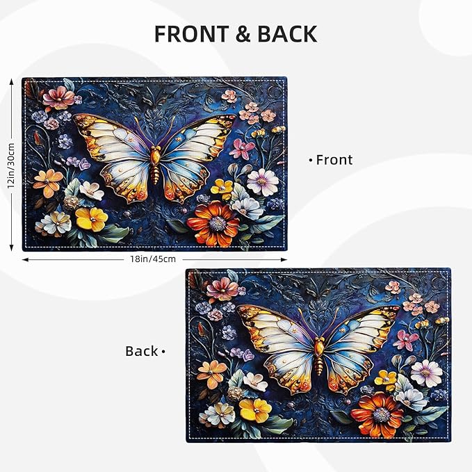 Colorful Butterfly Placemats Set of 4, Spring Place Mats, Florals Dining Table Mats, Rustic Washable Placemats for Kitchen Dining Room Home Decor 18L'' × 12W''