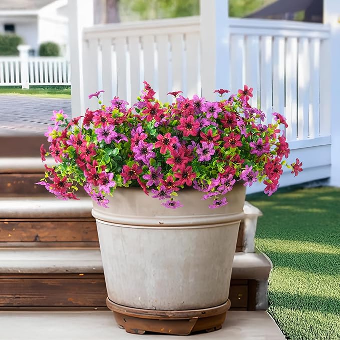 Homsunny Artificial Mums Fake Flowers for Outdoors Decoration, 12 Bundles Faux Silk Daisy Plants UV Resistant for Outside Garden Front Door Porch Planter Patio Yard (Light and Fuchsia)