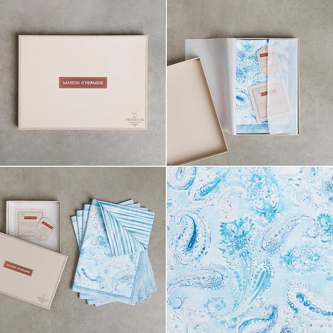 Maison d' Hermine Placemat 100% Combed Cotton Premium Set of 4 Decorative Washable Place Mats Table Cloth Placemat, Dining, Kitchen, Parties & Camping - Paisley Blues (13"x19")