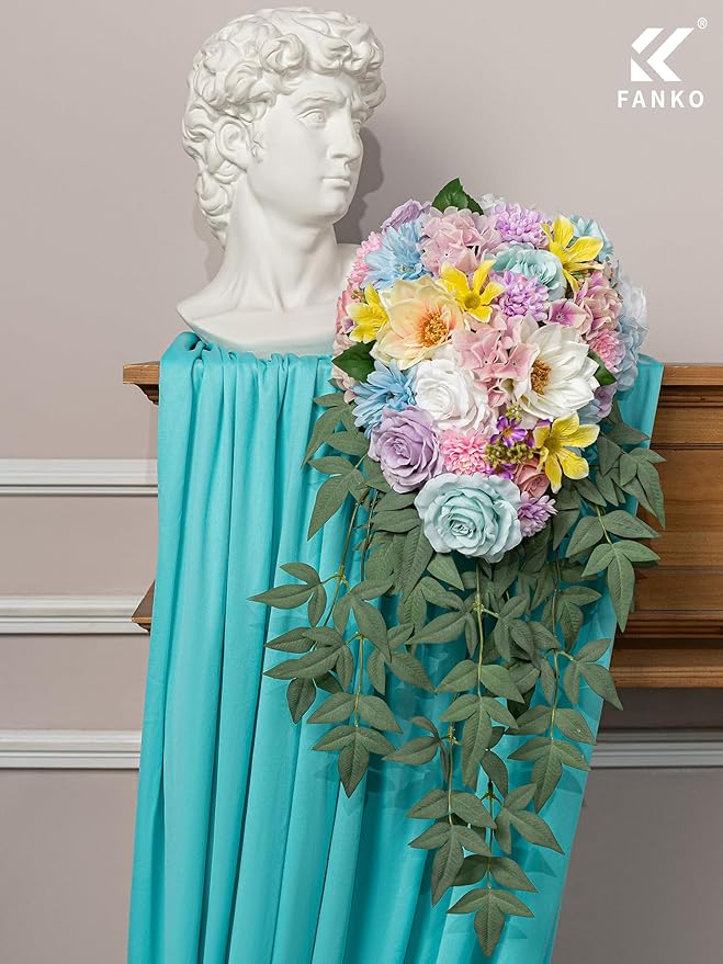 FANKO Artificial Flowers Mixed Fake Rose Combo, Pink Rose Light Blue & White Roses Blue Dahlia Assorted Blooms for DIY Wedding Bridal Bouquets/Centerpieces/Home Decor