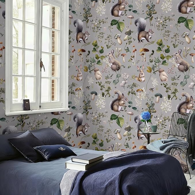 Whimsical Peel and Stick Floral Animal Contact Paper Squirrel Rabbit Removable Botanical Leaf Wallpaper 17.7" x 118.11" Wall Paper Watercolor Self Adhesive for Classroom Bedroom laundry room bathroom
