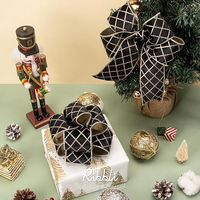 Ribbli Black Velvet Ribbon Wired with Glitter Diamond Grid 2-1/2 Inch Christmas Ribbon for Christmas Tree Decoration Big Bow Gift Wrapping Crafts Wreaths Garland Supplies - 10 Yards