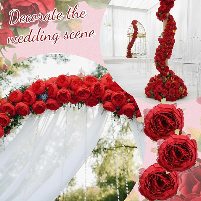50 Pcs Artificial Peony Flower Bulk 3.5 Inch Silk Peony Flowers Heads with Stems Realistic Fake Roses for DIY Wedding Party Craft Bridal Bouquets Table Centerpieces Vase Home Decor(Red)