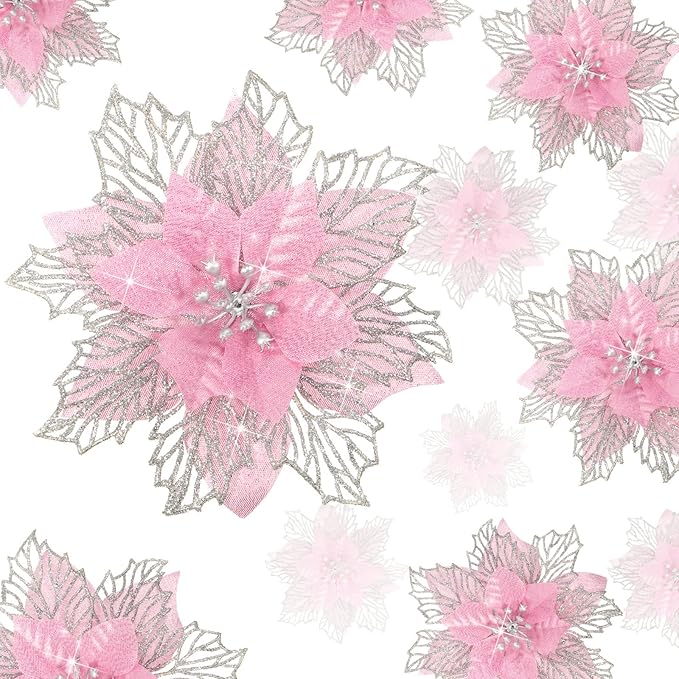 Geosar 24 Pieces Christmas Glitter Poinsettia Flowers Layered Artificial Xmas Flowers Wedding Christmas Tree New Year Ornaments 3/4/6 Inch(Pink)