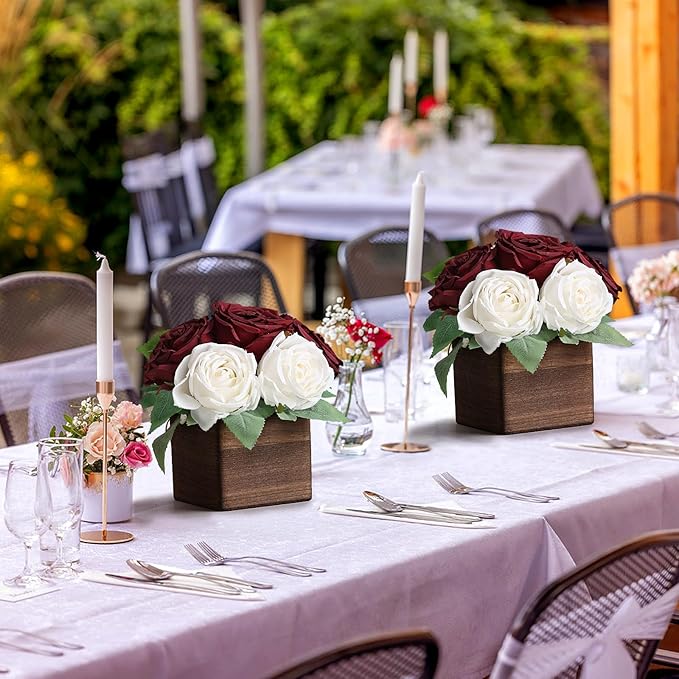 Dining Table Centerpiece Set of 3 - Pre-Made Aritifial Rose with Wooden Vase Fake Floral Arrangment Faux Flower for Wedding Bridal Tea Party Event Decorations - Burgundy & White
