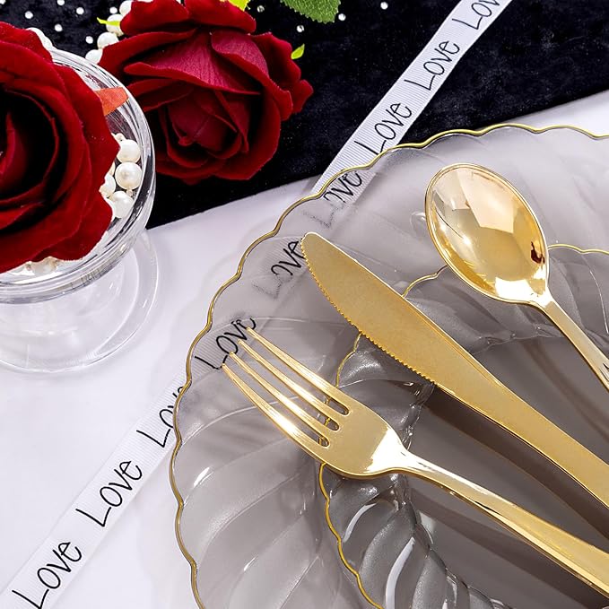 YOUBET 125PCS Clear Black Plastic Plates - Black and Gold Disposable Plates Include 50 Plate, 75 Gold Silverware for Wedding & Party & Birthday New Year