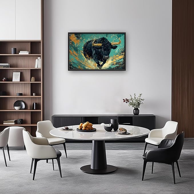Large Highland Cow Wall Art for Living Room, Teal and Golden Bison Buffalo Wall Decor, Framed Oversized Cow Canvas Painting Modern Artwork for Living Room Bedroom Office Dining Room 36"x24"