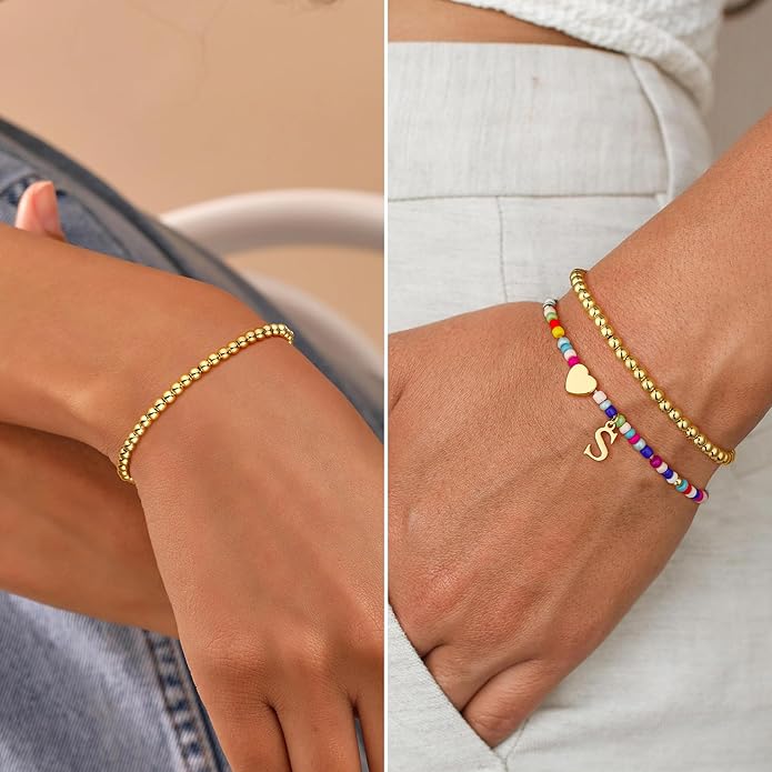 Ritach Christmas Gifts for Teens Girls Kids - 2PCS Colorful Heart Initial Bracelet Stackable Real Gold Plated Stretchable Beaded Bracelets for Teen Girls Kids Birthday Gifts Stocking Stuffers