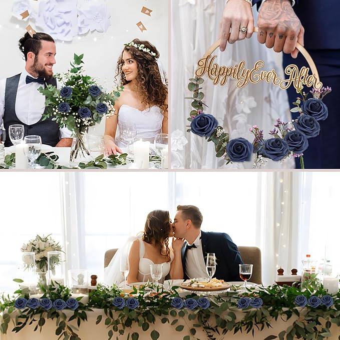 100Pcs Navy Blue Artificial Flowers Roses Real Looking Foam Fake Roses with Leaves and for DIY Wedding Bouquets Bridal Shower Centerpieces Party Decorations (Navy Blue, 100)