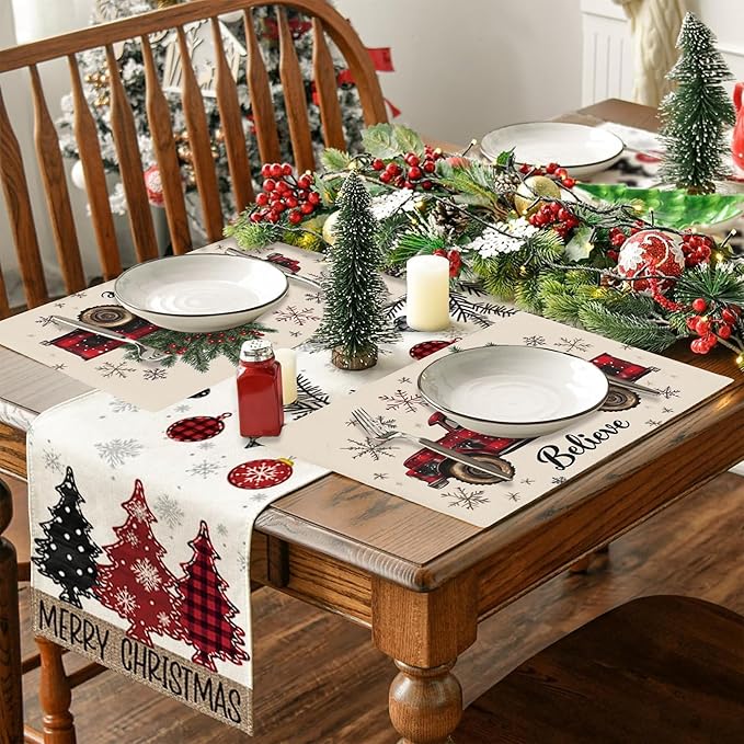Christmas Truck Carry Tree Placemats Set of 4,Christmas Believe 12x18 Inch Non-Slip Washable Heat Resistant Linen Fabric Table Mats,Place Mats for Holiday Party