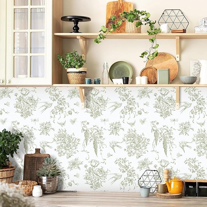 Floral Birds Wallpaper Peel and Stick Green and White Contact Paper 16.9”x 196.8” Vintage Floral Self Adhesive Removable Wallpaper Green Flower Contact Paper for Bathroom Kitchen Decor