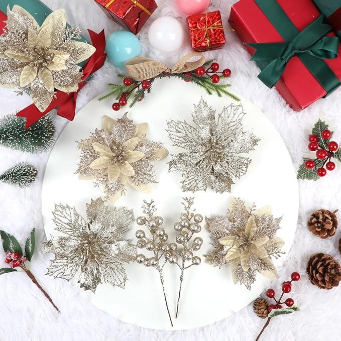 22 Pcs Champagne Christmas Poinsettia Artificial Flowers and Glitter Berries Stems Kit, Christmas Poinsettias Decorations and Christmas Tree Ornaments for Xmas Home Wedding Holiday Tree Decor