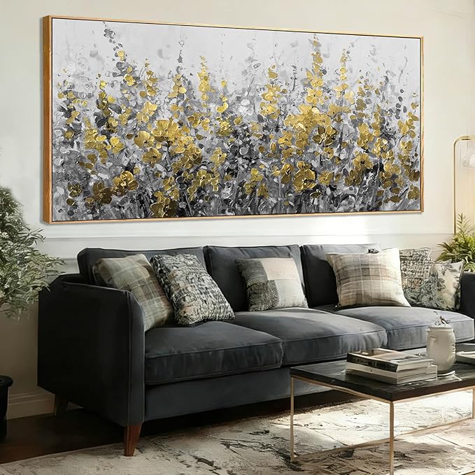 WINKAILIN Black Gold Wall Art Abstract Oil Flower Canvas Grey Painting Modern 32x70 Plant Artwork with Frame for Living Room Office Decoration