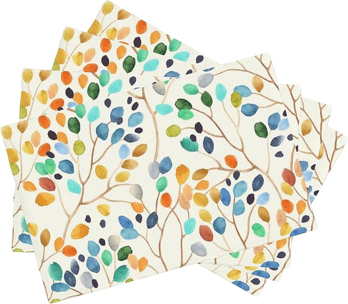 Watercolor Leaves Spots Placemats Set of 4, Placemats Dining Table Mat Set,12x18 Washable Stain Resistant Wipeable Cloth Placemat for Kitchen Buffet Parties