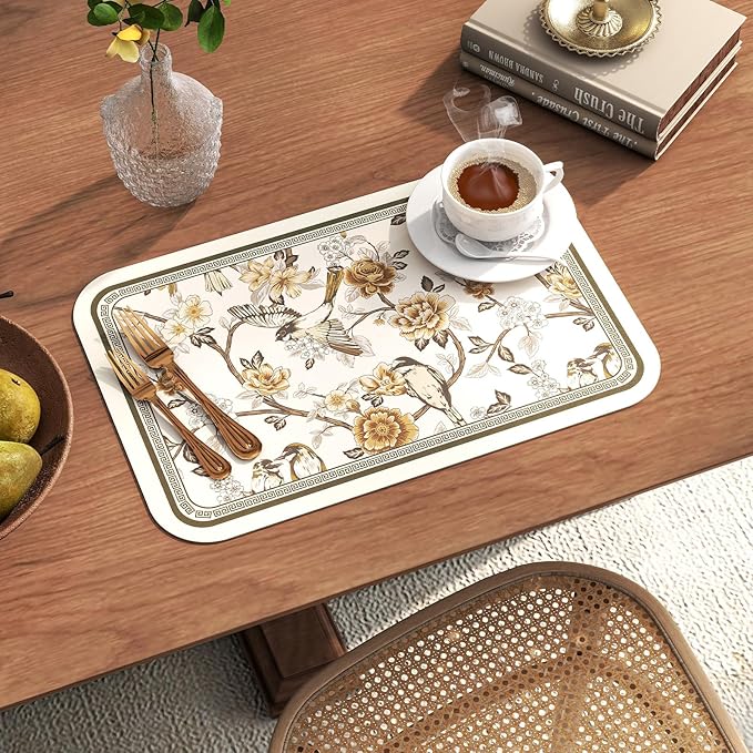 ISAENNE PVC Placemats Set of 6,Rectangular Flower and Bird Print Placemats, Waterproof and Heat-Resistant Place Mats,Decoration for Kitchen, Dining, Parties, Holiday,12"*17"