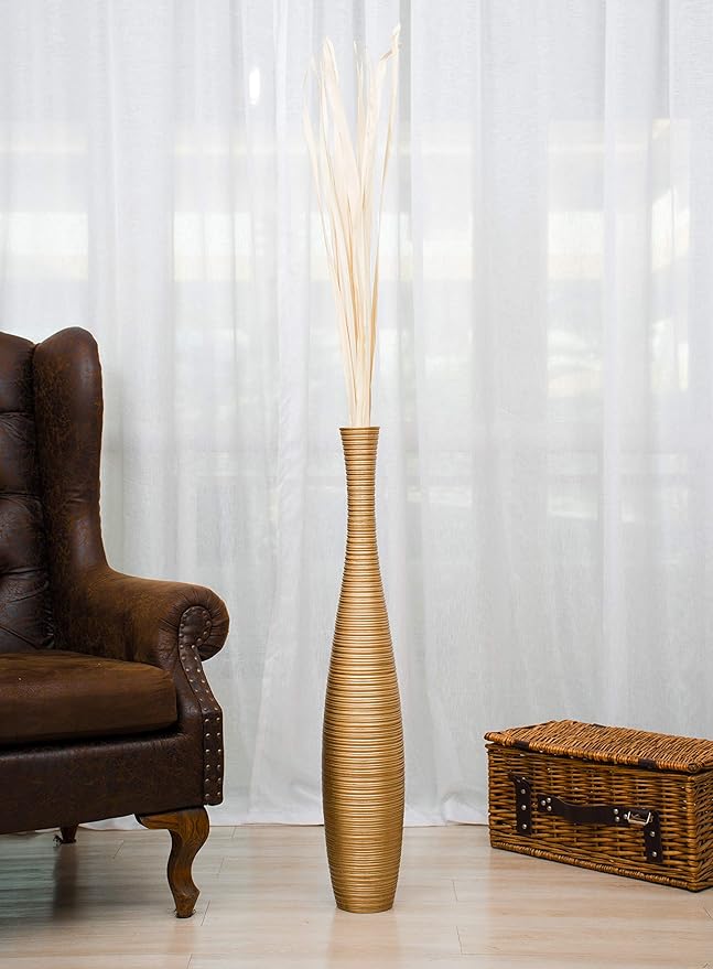 Leewadee Large Gold Home Decor Floor Vase - Wooden 34 inch Tall Farmhouse Decor Flower Holder for Fake Plant and Pampas Grass