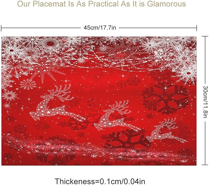 Christmas Elk Placemats Cartoon Red Festive Christmas Snowflake Gift Bell Beautiful Deer Placemats Table Kitchen Dining Party 12x18 Inch Set of 4
