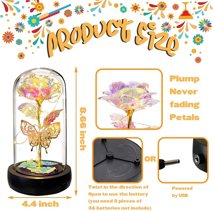Birthday Rose Flower Gifts for Women, Mothers Day Glass Rose Gift for Mom from Daughter Son, Colorful White Rainbow Rose in Glass Dome with Music Box, Light Up Rose in Glass Dome for Her Wife Grandma