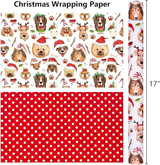 MAYPLUSS Christmas Wrapping Paper Roll - 17 Inch X 33 Feet - Cute Dog Hat Reversible Polka Dot Gift Wrapping Paper, Thick Wrap Paper for Holiday Party New Year Kids