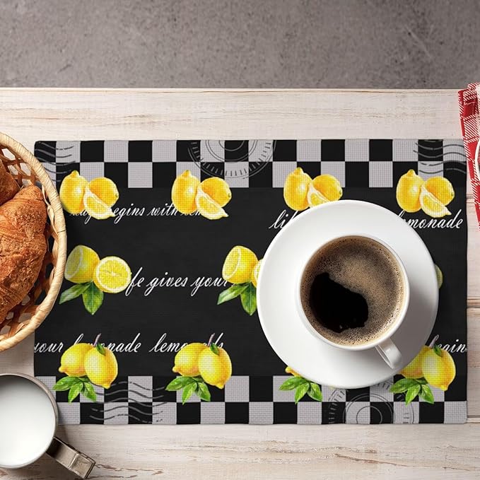 Lemon Kitchen Table Placemats Set of 4 Vintage Black White Checkered Summer Fruit Print Placemat Indoor Outdoor Party Home Desktop Dining Room Decor 12x18 Inch