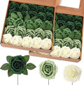 50 Pcs Artificial Foam Rose Flowers Faux Bouquet with Leaves and Stems for DIY Wedding Bouquets Centerpieces Bridal Shower Party Valentine Home Decorations (Gradient Green)