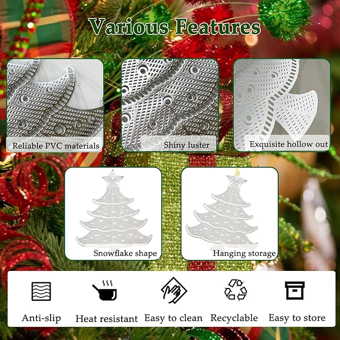 Lot of 6 Christmas Placemats, Placemats Decorations Table Mats Hollow Out Vinyl Place Mats for Dining Table Setting Kitchen Table Mats Christmas Decoration (Silver Christmas Tree)