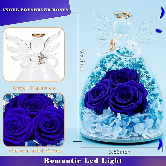 Beferr Christmas Birthday Gifts for Women, Mom Gifts for Christmas Fresh Flowers for Delivery Prime Forever Preserved Rose in Glass Angel Figurine Xmas Gifts for Grandma Wife Sister Her, Dark Blue