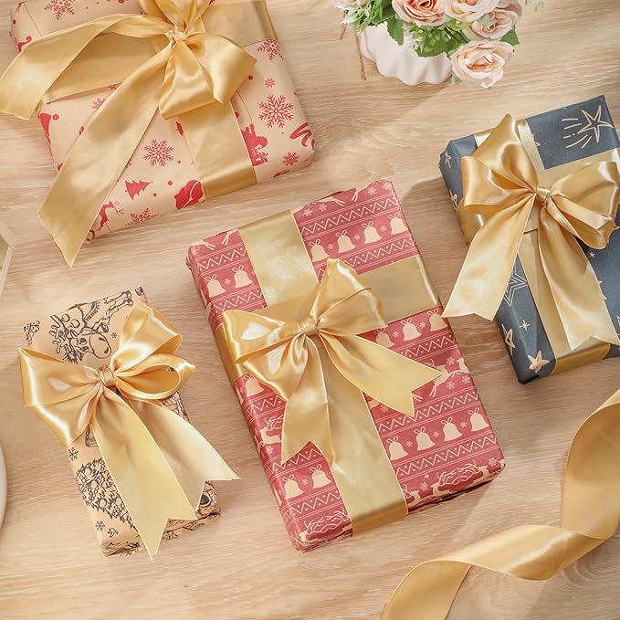 Gold Ribbon 1-1/2 Inch 60 Yards Gold Satin Christmas Ribbon Gift Bows for Gift Wrapping Floral Flower Bouquet Wedding Party Holiday Christmas Decorations