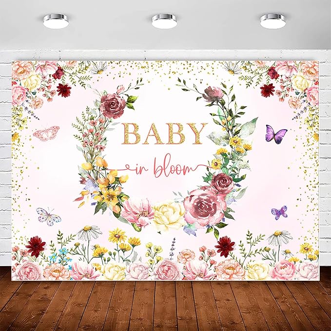 InMemory Baby in Bloom Backdrop Wildflower Baby Shower Decorations for Girl,Spring Wildflowers Baby in Bloom Baby Shower Banner Background Wild Floral Girl Shower Party Supplies Photobooth Props 5x3ft