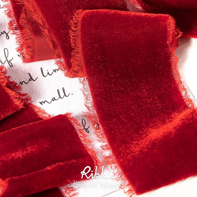 Ribbli Red Velvet Ribbon 1.5 Inch Handmade Frayed Vintage Christmas Ribbon for Gift Wrapping Christmas Tree Ornament Wreath Craft Home Decor -3 Yards