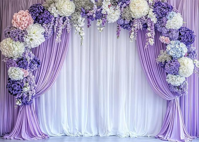 12x8ft Flower Photo Backdrop Floral Purple Photography Background White Curtain Spring Wedding Baby Shower Girl Princess Birthday Party Supplies Photo Studio Props