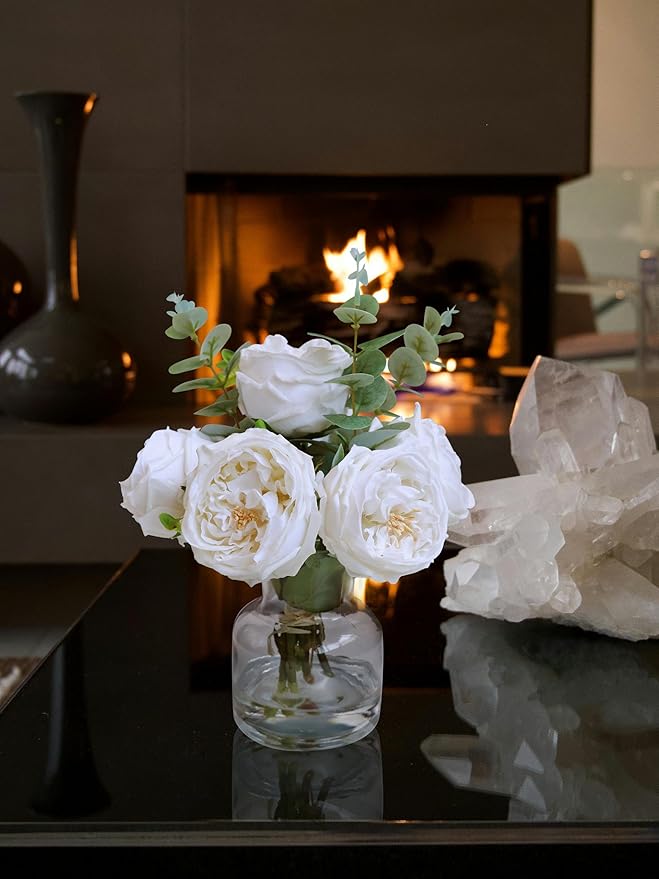 Forlaoers Modern White Roses Floral Silk Flower Arrangements Fake Flower Bouquet Artificial Flowers with Vase in Fake Water Centerpieces for Center Dining Table Decor Home Bathroom Office Decorations