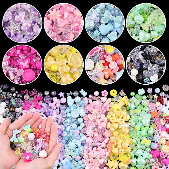 Assorted 500-550PCS 8 Mixed Colors Acrylic Beads for Bracelet Making, Flower Bow Butterfly GummyBear Aesthetic Bracelet Bead,Cute Beads for Jewelry Making DIY Necklace Keychain Phone Charm